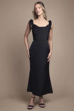 Robe de Demoiselle d'Honneur Mi-Longue en Satin à Bretelles Nouées et Col Drapé