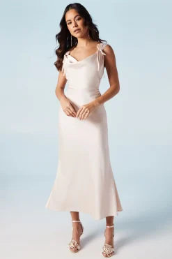 Robe de Demoiselle d'Honneur Mi-Longue en Satin avec Détail Bretelles Nœud