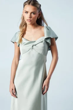 Robe de Demoiselle d'Honneur Midi Petite à Manches Évasées et Torsade Devant