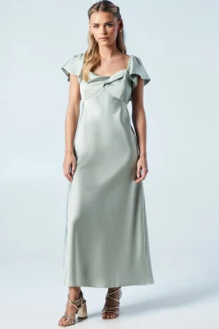 Robe de Demoiselle d'Honneur Midi Petite à Manches Évasées et Torsade Devant