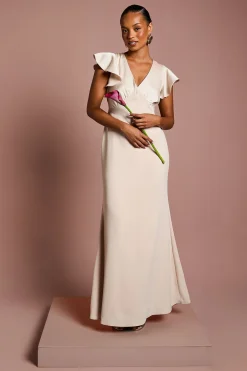 Robe de Demoiselle d'Honneur Maxi Coast Honoured Petite Col V Manches Courtes Angel en Satin