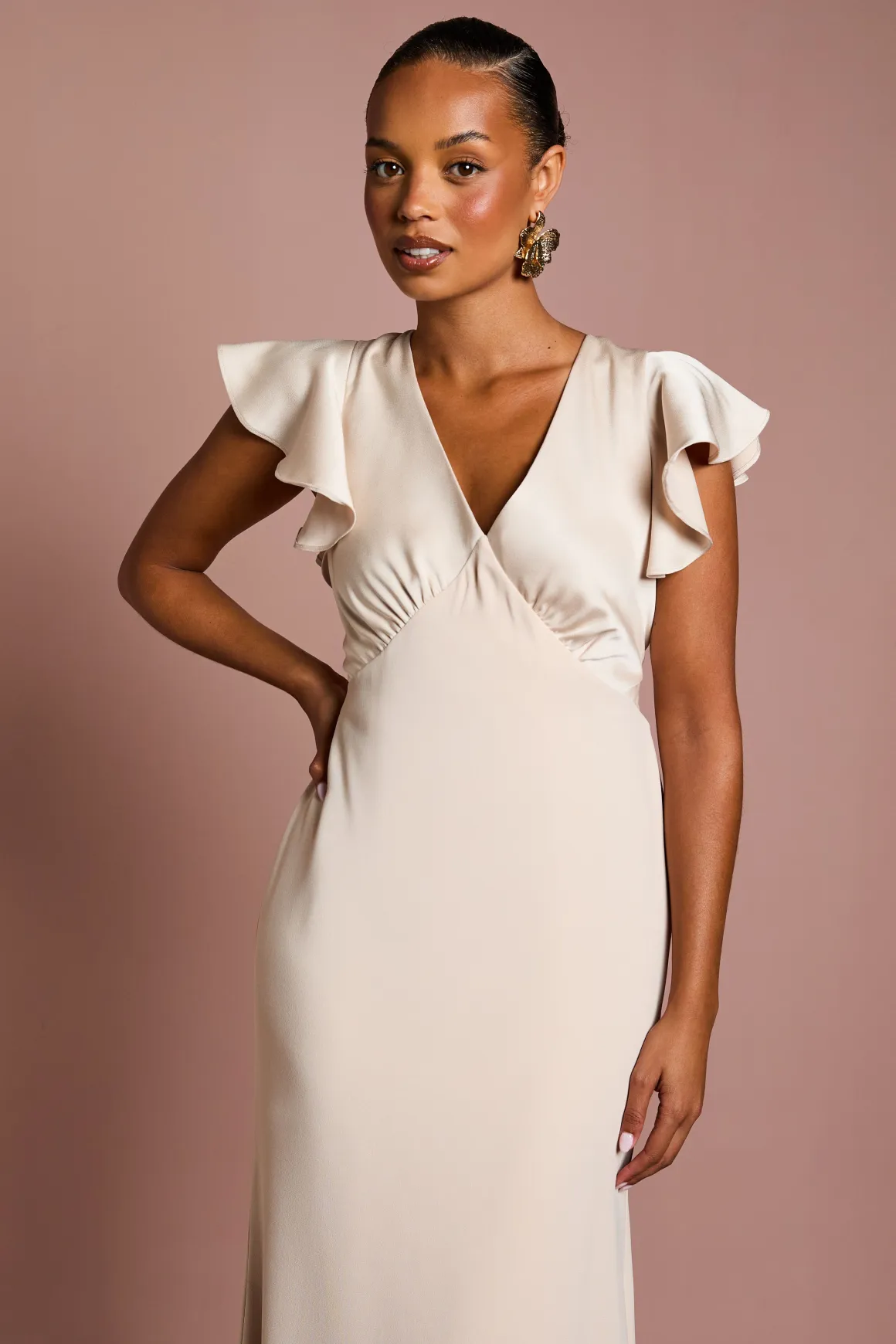 Robe de Demoiselle d'Honneur Maxi Coast Honoured Petite Col V Manches Courtes Angel en Satin