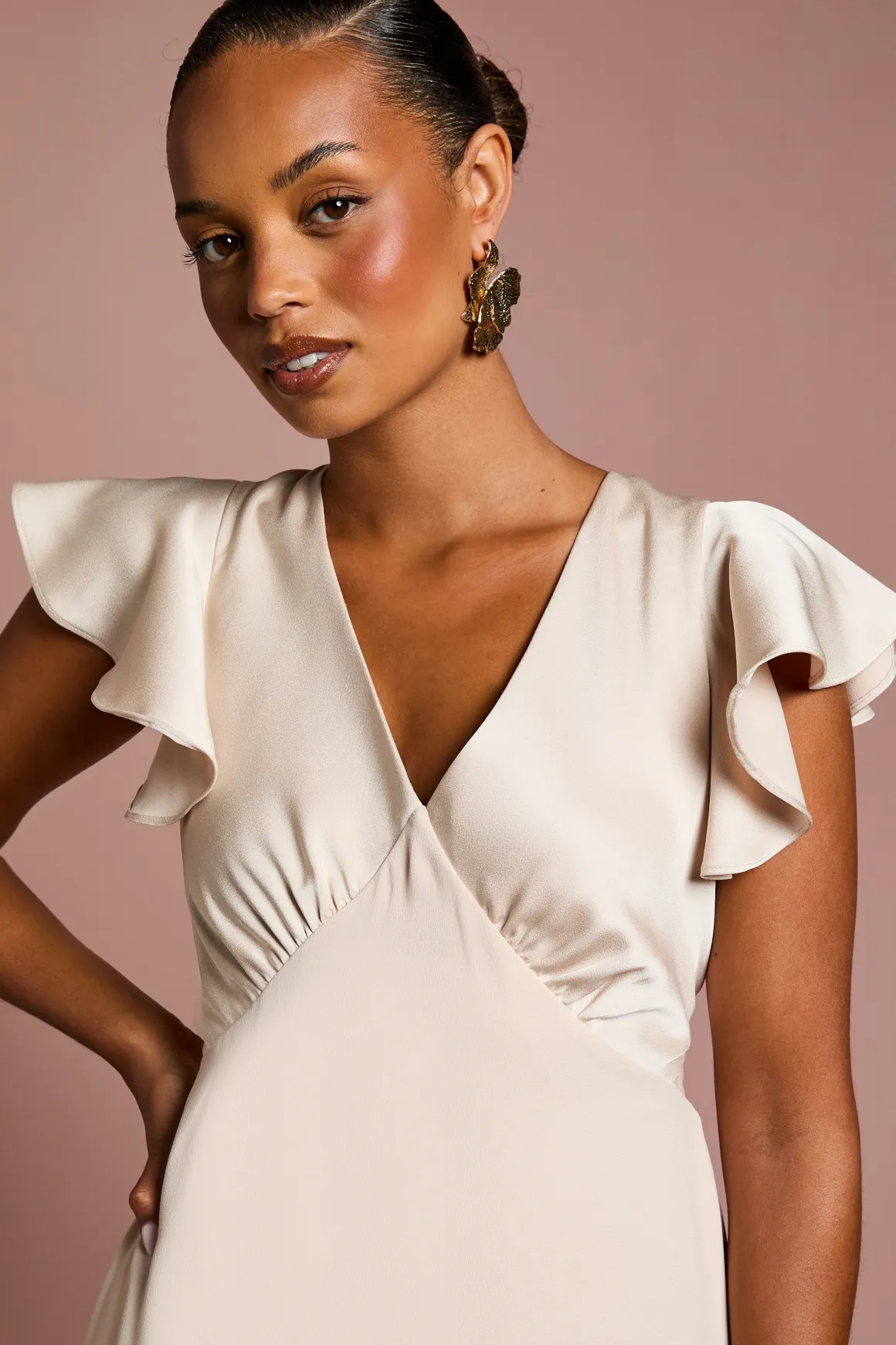 Robe de Demoiselle d'Honneur Maxi Coast Honoured Petite Col V Manches Courtes Angel en Satin