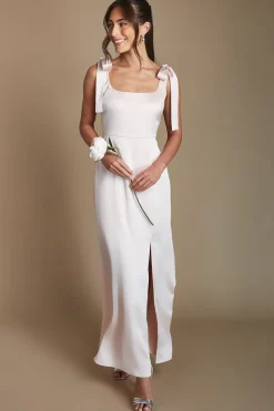 Robe De Demoiselle D'honneur Mi-longue En Satin Rose Poudré Avec Liens Aux Épaules