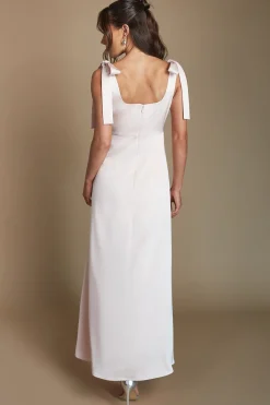 Robe De Demoiselle D'honneur Mi-longue En Satin Rose Poudré Avec Liens Aux Épaules