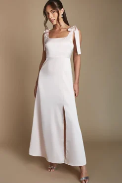 Robe De Demoiselle D'honneur Mi-longue En Satin Rose Poudré Avec Liens Aux Épaules