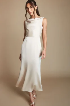 Robe De Demoiselle D'honneur Mi-longue Champagne À Col Drapé Et Dos Ouvert
