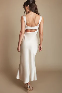 Robe De Demoiselle D'honneur Mi-longue Champagne À Col Drapé Et Dos Ouvert