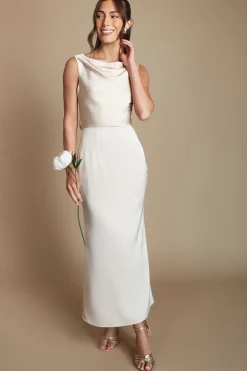Robe De Demoiselle D'honneur Mi-longue Champagne À Col Drapé Et Dos Ouvert