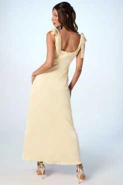 Robe De Demoiselle D'honneur Mi-longue En Satin Jaune Beurre À Bretelles Nouées