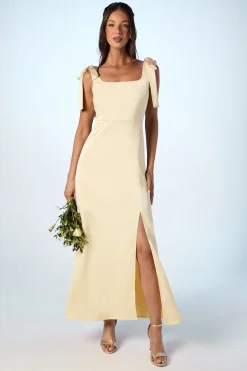 Robe De Demoiselle D'honneur Mi-longue En Satin Jaune Beurre À Bretelles Nouées