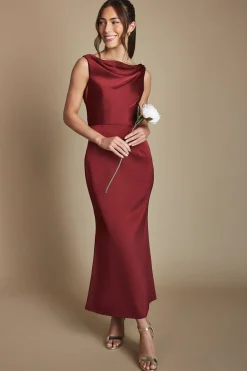 Robe De Demoiselle D'honneur Mi-longue Dos Nu Col Drapé Couleur Lie-de-vin