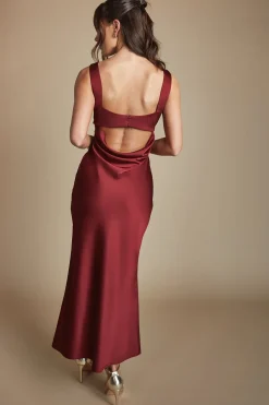 Robe De Demoiselle D'honneur Mi-longue Dos Nu Col Drapé Couleur Lie-de-vin
