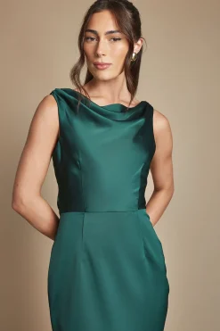 Robe De Demoiselle D'honneur Midi Émeraude À Col Drapé Et Dos Ouvert
