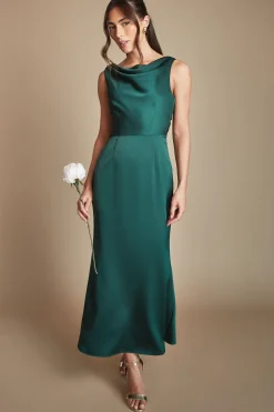 Robe De Demoiselle D'honneur Midi Émeraude À Col Drapé Et Dos Ouvert