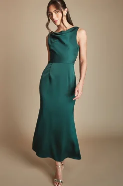 Robe De Demoiselle D'honneur Midi Émeraude À Col Drapé Et Dos Ouvert