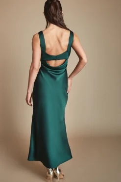 Robe De Demoiselle D'honneur Midi Émeraude À Col Drapé Et Dos Ouvert