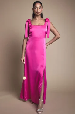 Robe De Demoiselle D'honneur Mi-longue Rose Vif En Satin Avec Nœuds Aux Épaules