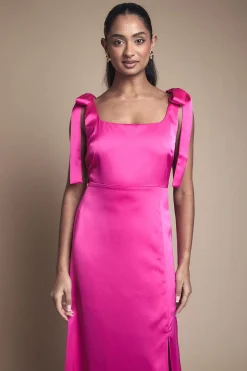 Robe De Demoiselle D'honneur Mi-longue Rose Vif En Satin Avec Nœuds Aux Épaules