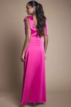 Robe De Demoiselle D'honneur Mi-longue Rose Vif En Satin Avec Nœuds Aux Épaules