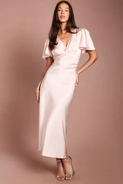 Oasis Robe De Demoiselle D'honneur Mi-longue En Satin Rose Poudré Avec Détail Torsadé Devant Et Manches Papillon<Femme Robes Demoiselles D'Honneur|Robes Mi-Longues