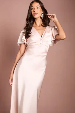 Oasis Robe De Demoiselle D'honneur Mi-longue En Satin Rose Poudré Avec Détail Torsadé Devant Et Manches Papillon<Femme Robes Demoiselles D'Honneur|Robes Mi-Longues