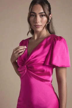 Oasis Robe de Demoiselle d'Honneur Mi-Longue en Satin à Manches Évasées et Détail Torsadé Devant<Femme Robes Demoiselles D'Honneur|Satin Et Dentelle
