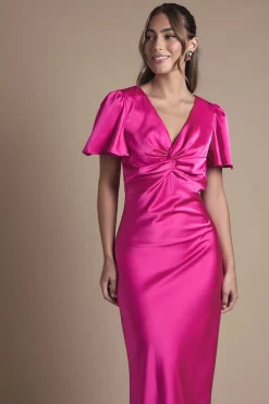 Oasis Robe de Demoiselle d'Honneur Mi-Longue en Satin à Manches Évasées et Détail Torsadé Devant<Femme Robes Demoiselles D'Honneur|Satin Et Dentelle