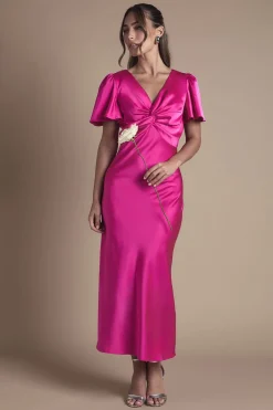 Oasis Robe de Demoiselle d'Honneur Mi-Longue en Satin à Manches Évasées et Détail Torsadé Devant<Femme Robes Demoiselles D'Honneur|Satin Et Dentelle