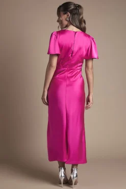 Oasis Robe de Demoiselle d'Honneur Mi-Longue en Satin à Manches Évasées et Détail Torsadé Devant<Femme Robes Demoiselles D'Honneur|Satin Et Dentelle