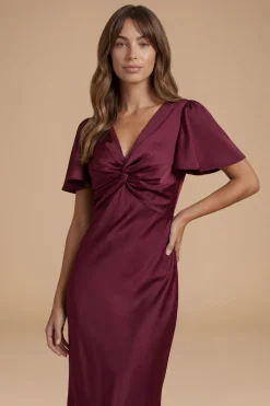 Oasis Robe De Demoiselle D'honneur Mi-longue En Satin Bordeaux À Détail Torsadé Devant Et Manches Papillon<Femme Robes Demoiselles D'Honneur|Robes Mi-Longues