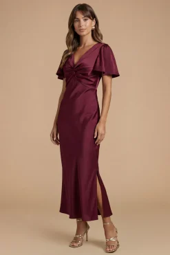 Oasis Robe De Demoiselle D'honneur Mi-longue En Satin Bordeaux À Détail Torsadé Devant Et Manches Papillon<Femme Robes Demoiselles D'Honneur|Robes Mi-Longues