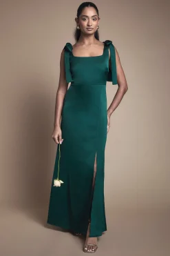 Robe De Demoiselle D'honneur Mi-longue Émeraude En Satin Avec Liens Aux Épaules