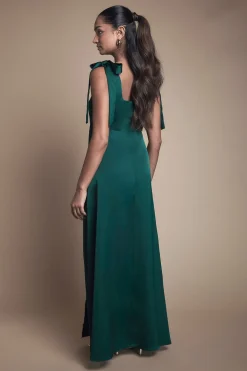 Robe De Demoiselle D'honneur Mi-longue Émeraude En Satin Avec Liens Aux Épaules
