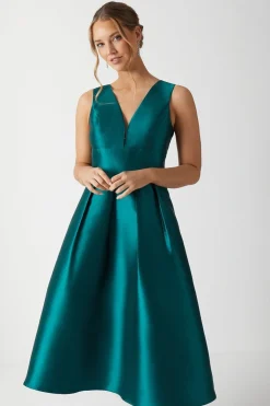 Robe de Demoiselle d'Honneur Mi-Longue en Sergé Structuré à Décolleté Plongeant