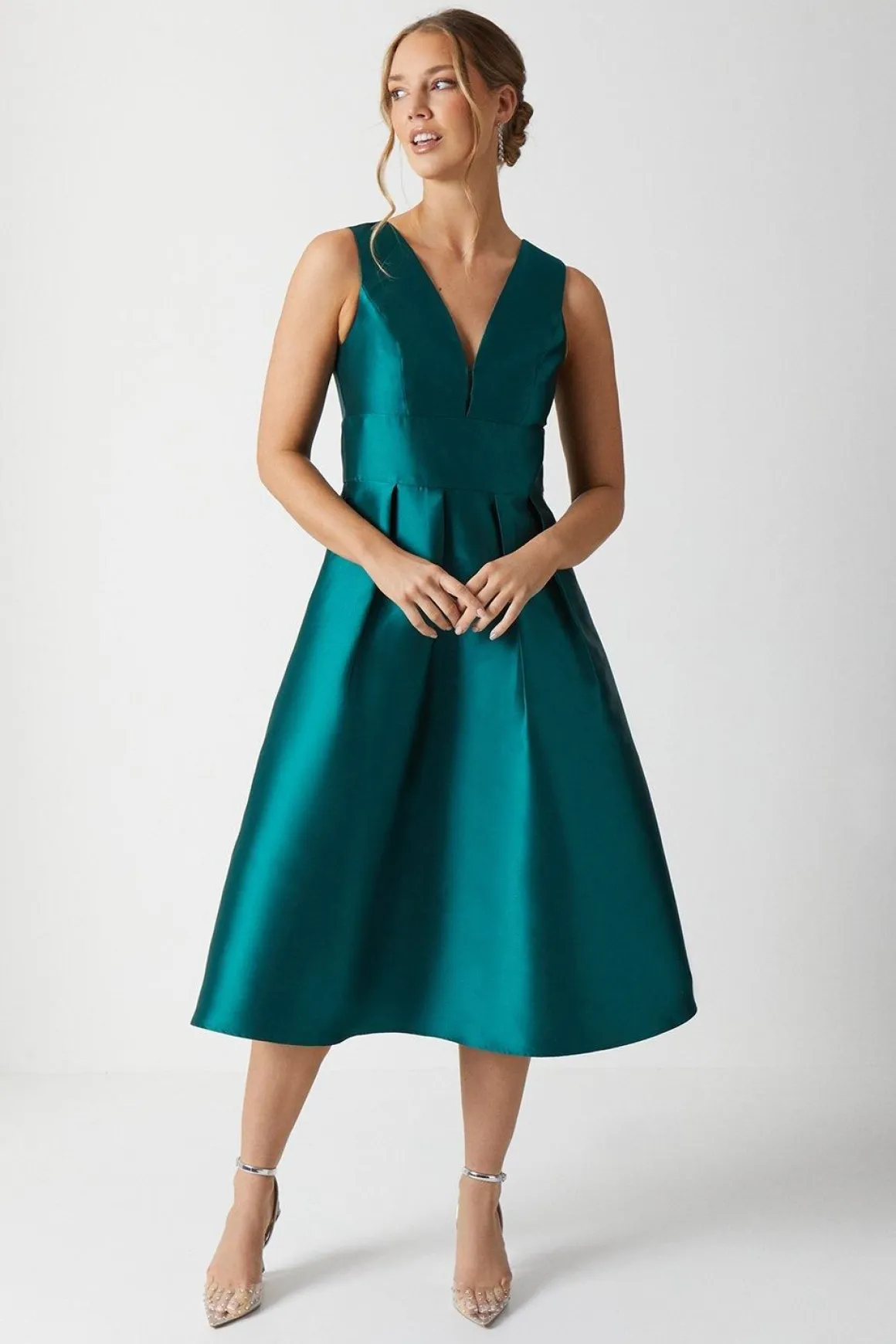 Robe de Demoiselle d'Honneur Mi-Longue en Sergé Structuré à Décolleté Plongeant