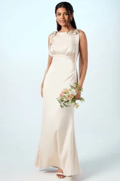 Robe de Demoiselle d'Honneur Maxi en Satin Coast Honoured Petite Sans Manches Col Montant avec Liens aux Épaules