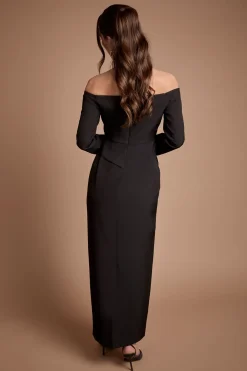 Robe De Demoiselle D'honneur Maxi À Manches Longues Col Bardot En Crêpe