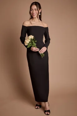 Robe De Demoiselle D'honneur Maxi À Manches Longues Col Bardot En Crêpe
