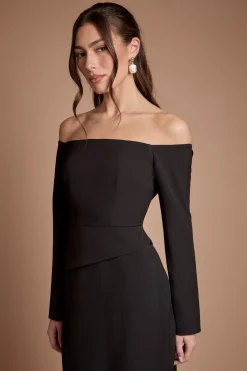 Robe De Demoiselle D'honneur Maxi À Manches Longues Col Bardot En Crêpe