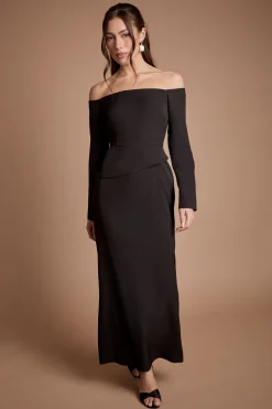 Robe De Demoiselle D'honneur Maxi À Manches Longues Col Bardot En Crêpe