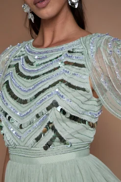 Robe De Demoiselle D'honneur Midi À Paillettes Avec Manches Drapées