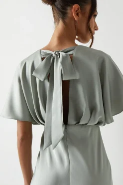 Robe de Demoiselle d'Honneur Satinée à Manches Chauve-Souris et Queue de Poisson