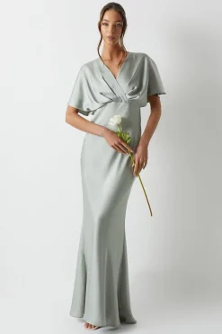 Robe de Demoiselle d'Honneur Satinée à Manches Chauve-Souris et Queue de Poisson