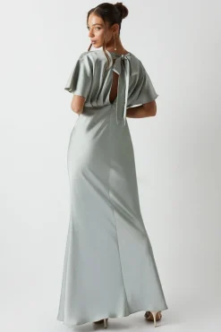 Robe de Demoiselle d'Honneur Satinée à Manches Chauve-Souris et Queue de Poisson