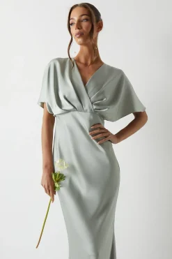 Robe de Demoiselle d'Honneur Satinée à Manches Chauve-Souris et Queue de Poisson