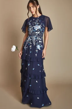 Robe De Demoiselle D'honneur À Volants Avec Cape Fleurie Brodée Et Traîne