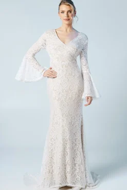 Robe de Mariée Bohème à Manches Évasées en Dentelle Stretch Coupe Sirène