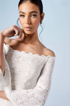Robe de Mariée Coast Honoured Bardot Boho en Dentelle à Queue de Sirène