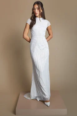 Robe de Mariée Coast Honoured à Manches Courtes avec Perles et Ornements et Silhouette Sirène